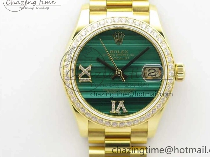 MiroTime 0408 Versatile Daydate 278288 31mm YG EWF Best Edition Green Malachite Dial Crystal Markers on YG President Bracelet ETA 2606